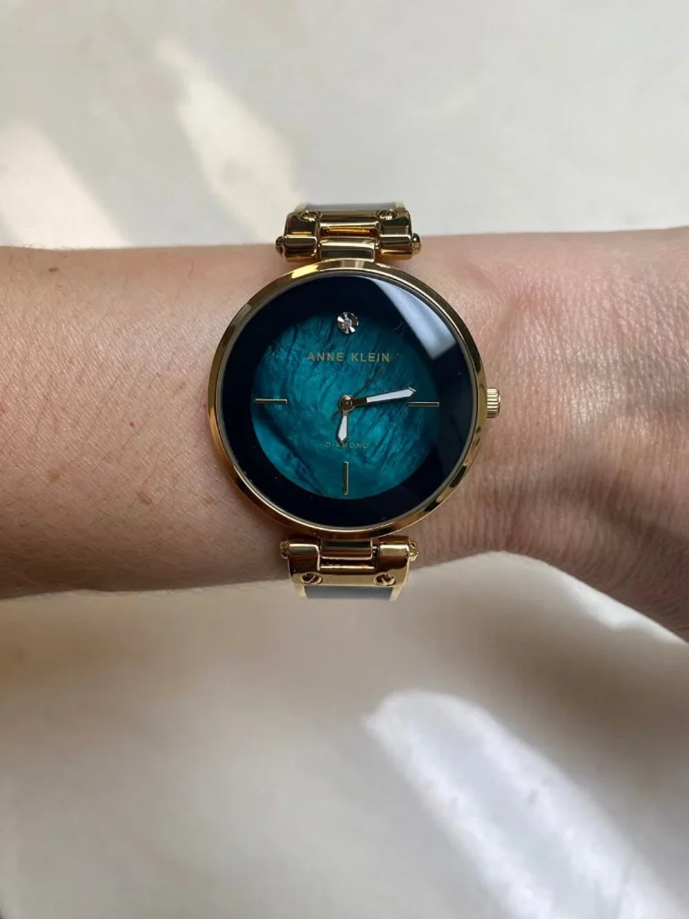 Anne Klein Womens Navy Blue Gold Analog Quartz Genuine Diamond Dial Bangle Watch